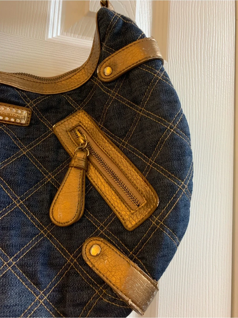 VTG Y2K Apple Bottoms Quilted Denim & Metallic Gold Hobo Bag Rhinestone Charm